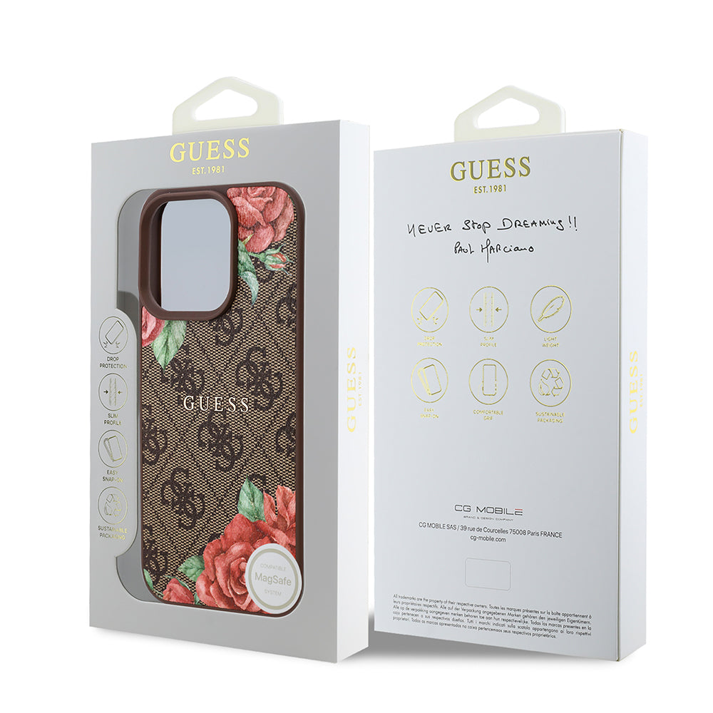 Guess iPhone 16 Pro Max Orjinal Lisanslı M-safe Şarj Özellikli Gül Baskılı 4G Desenli Yazı Logolu Kılıf