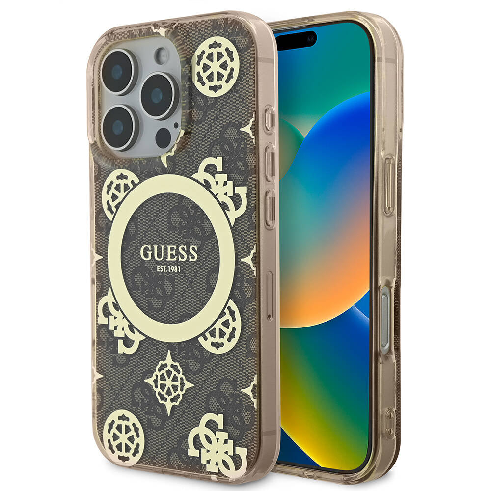 Guess iPhone 16 Pro Max Orjinal Lisanslı M-safe Şarj Özellikli IML Peony ve 4G Desenli Klasik Logolu Kılıf