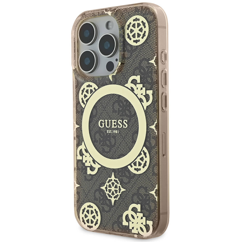 Guess iPhone 16 Pro Max Orjinal Lisanslı M-safe Şarj Özellikli IML Peony ve 4G Desenli Klasik Logolu Kılıf