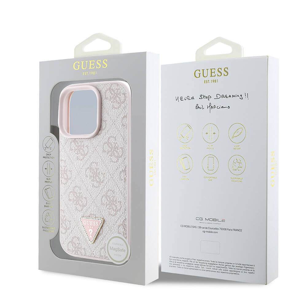 Guess iPhone 16 Pro Max Orjinal Lisanslı Magsafe Şarj Özellikli PU Deri 4G Desenli Taşlı Üçgen Logolu Telefon Kılıfı