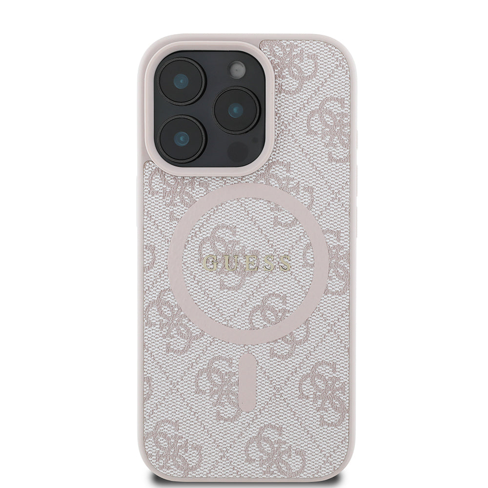 Guess iPhone 16 Pro Max Orjinal Lisanslı Magsafe Şarj Özellikli PU Halkalı 4G Desenli Yazı Logolu Kılıf