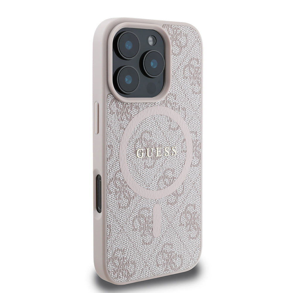 Guess iPhone 16 Pro Max Orjinal Lisanslı Magsafe Şarj Özellikli PU Halkalı 4G Desenli Yazı Logolu Kılıf