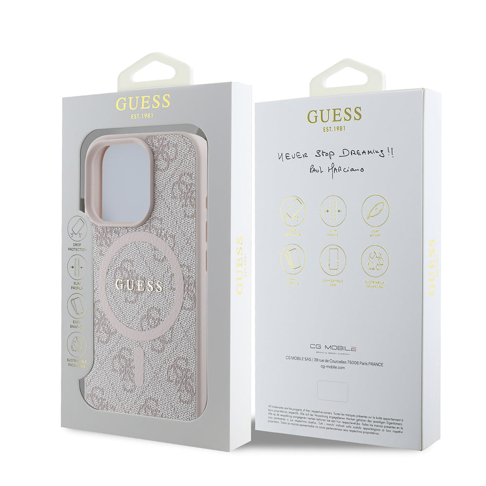 Guess iPhone 16 Pro Max Orjinal Lisanslı Magsafe Şarj Özellikli PU Halkalı 4G Desenli Yazı Logolu Kılıf