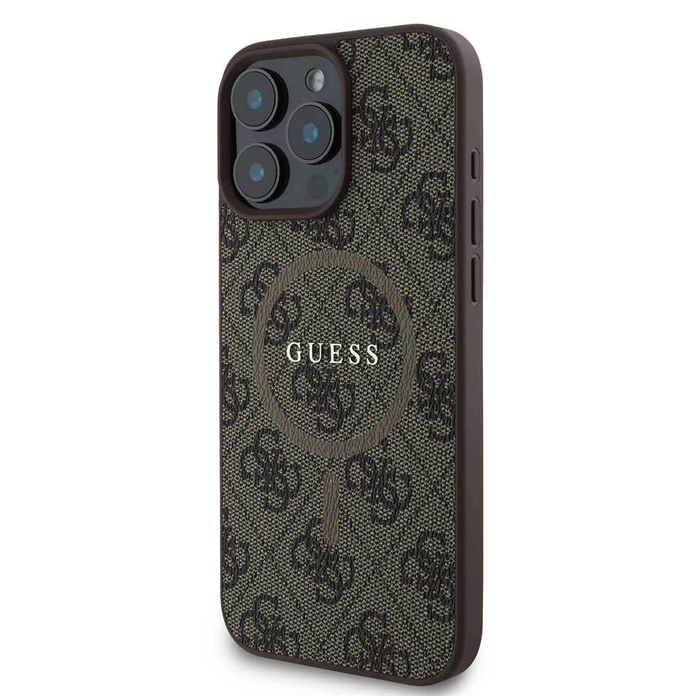 Guess iPhone 16 Pro Max Orjinal Lisanslı Magsafe Şarj Özellikli PU Halkalı 4G Desenli Yazı Logolu Kılıf