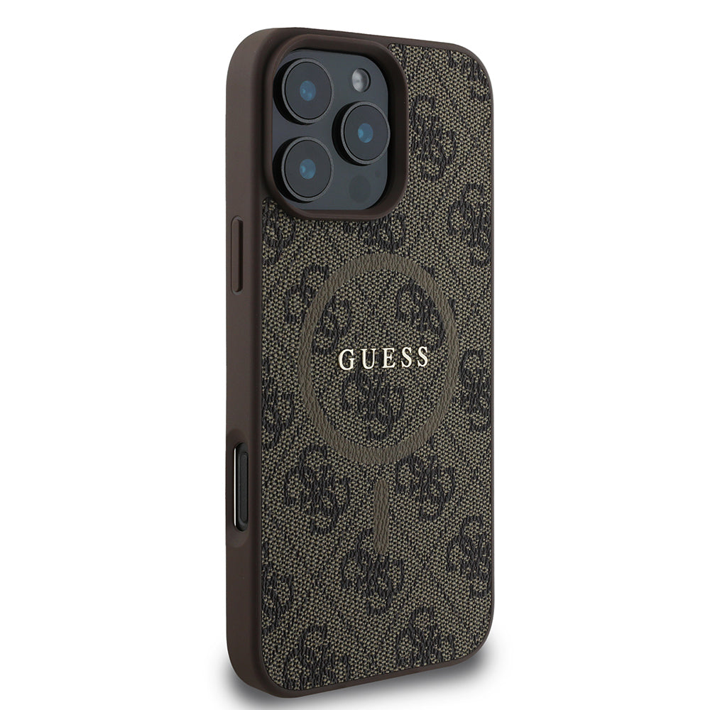 Guess iPhone 16 Pro Max Orjinal Lisanslı Magsafe Şarj Özellikli PU Halkalı 4G Desenli Yazı Logolu Kılıf
