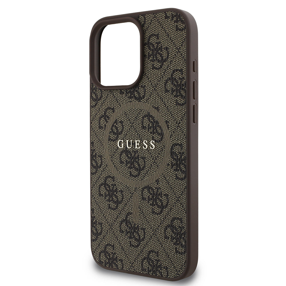Guess iPhone 16 Pro Max Orjinal Lisanslı Magsafe Şarj Özellikli PU Halkalı 4G Desenli Yazı Logolu Kılıf
