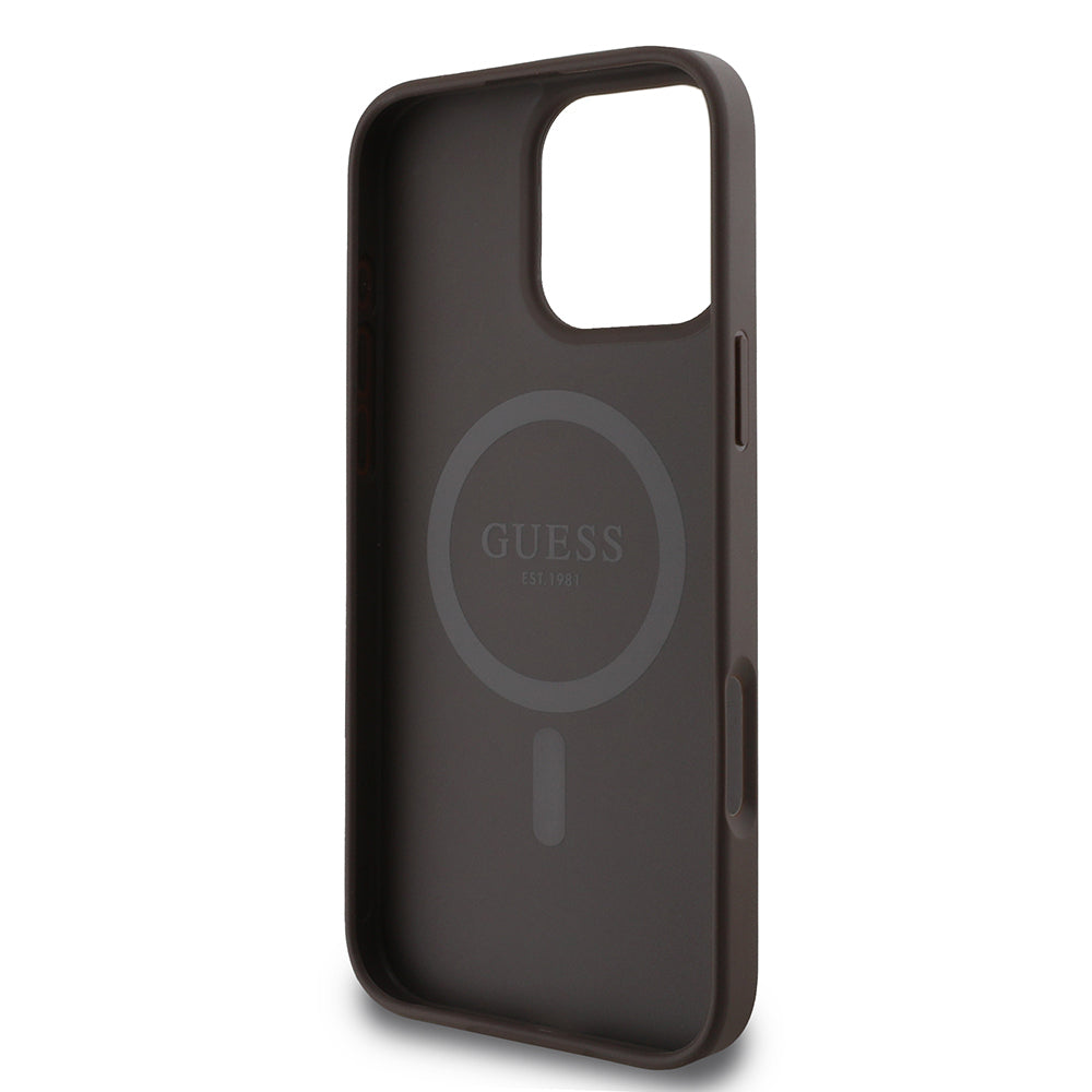 Guess iPhone 16 Pro Max Orjinal Lisanslı Magsafe Şarj Özellikli PU Halkalı 4G Desenli Yazı Logolu Kılıf