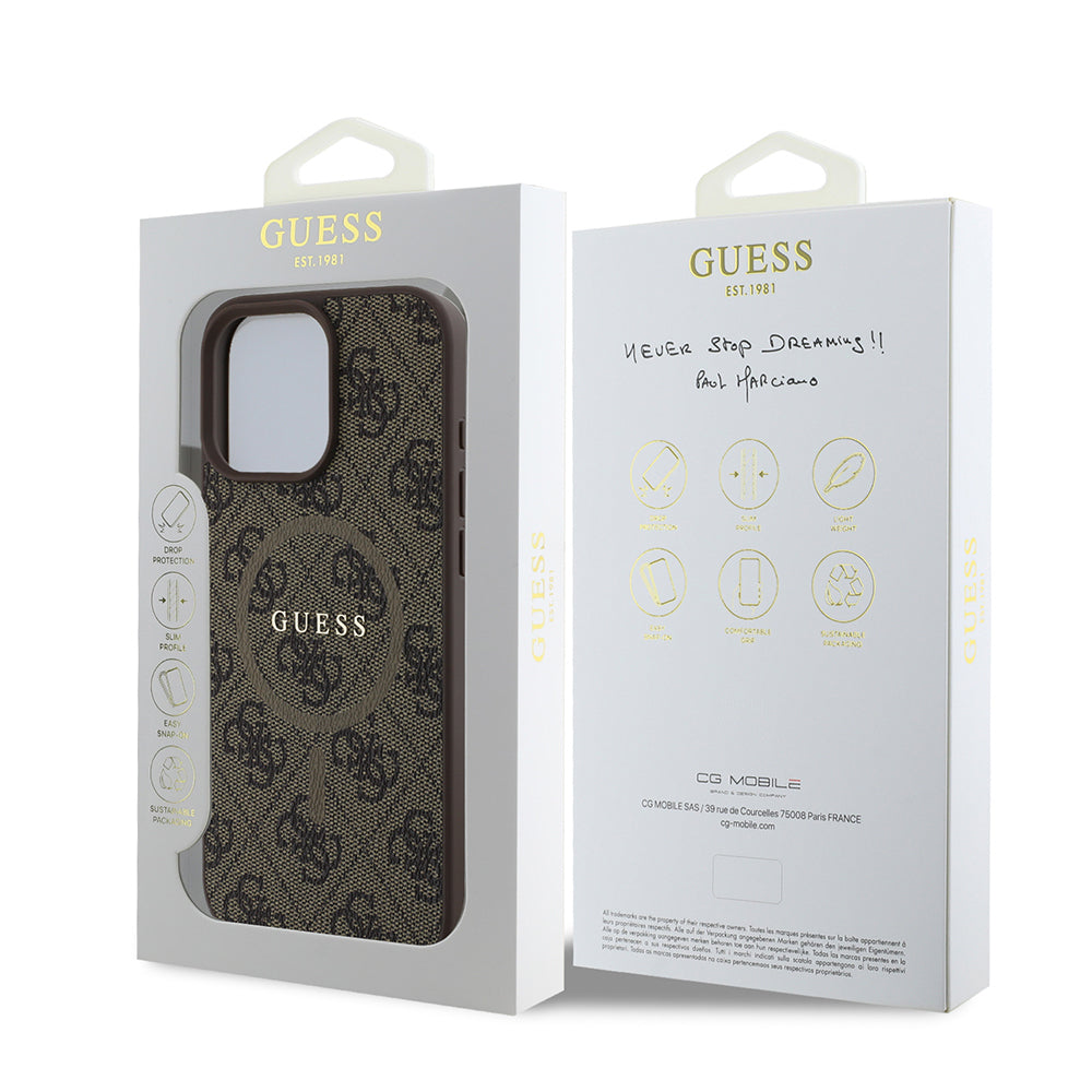 Guess iPhone 16 Pro Max Orjinal Lisanslı Magsafe Şarj Özellikli PU Halkalı 4G Desenli Yazı Logolu Kılıf