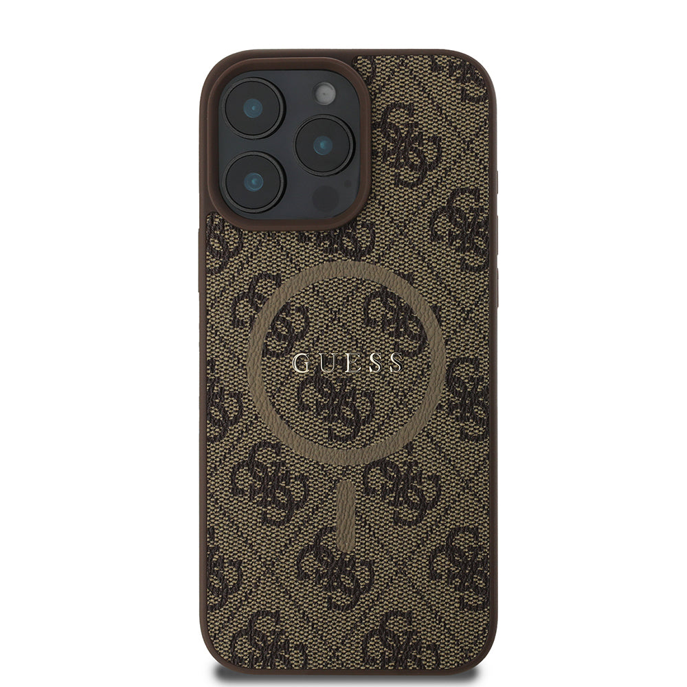 Guess iPhone 16 Pro Max Orjinal Lisanslı Magsafe Şarj Özellikli PU Halkalı 4G Desenli Yazı Logolu Kılıf
