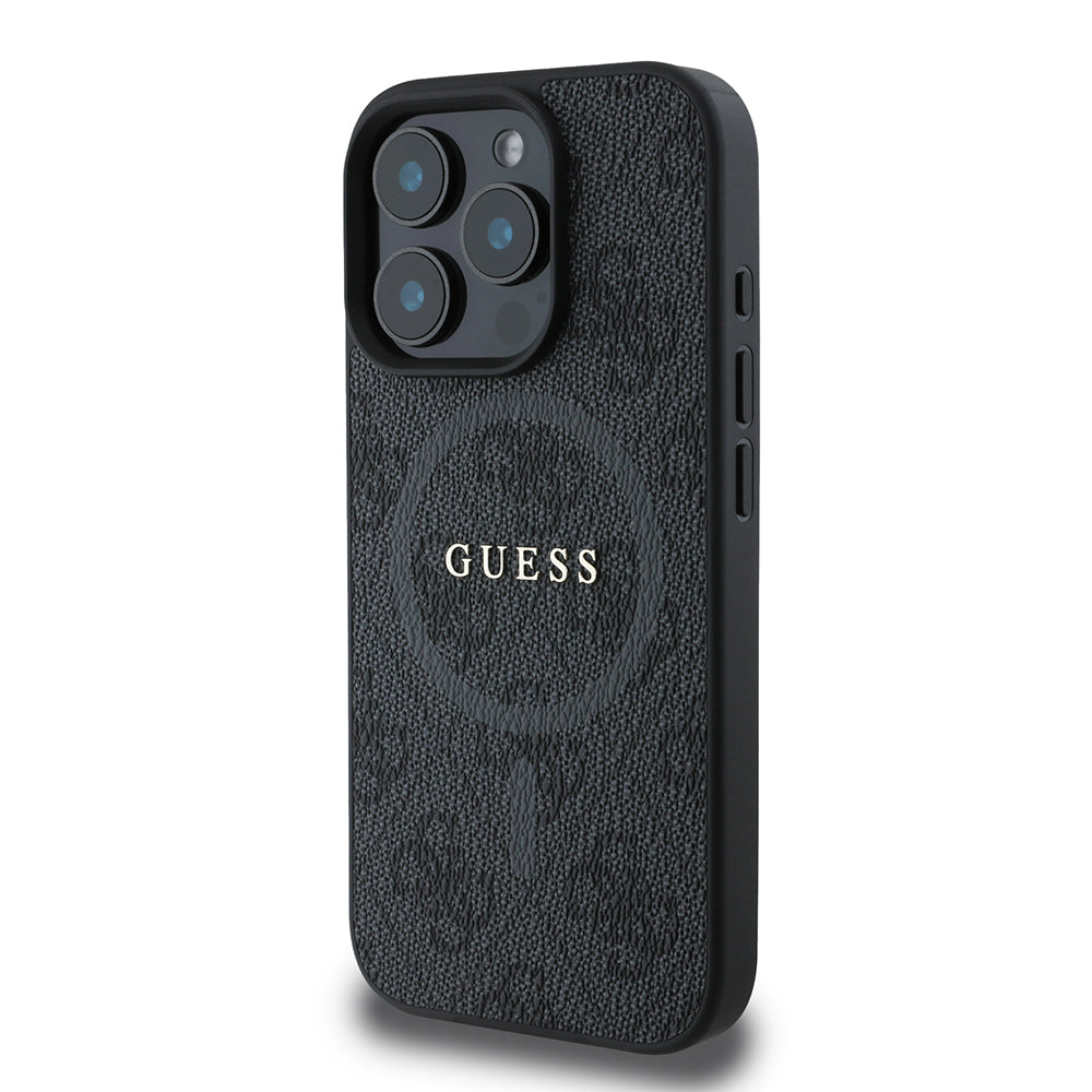 Guess iPhone 16 Pro Max Orjinal Lisanslı Magsafe Şarj Özellikli PU Halkalı 4G Desenli Yazı Logolu Kılıf