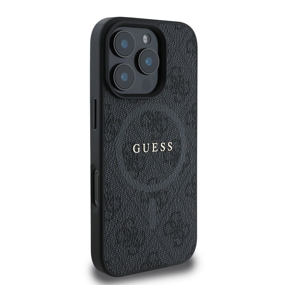 Guess iPhone 16 Pro Max Orjinal Lisanslı Magsafe Şarj Özellikli PU Halkalı 4G Desenli Yazı Logolu Kılıf