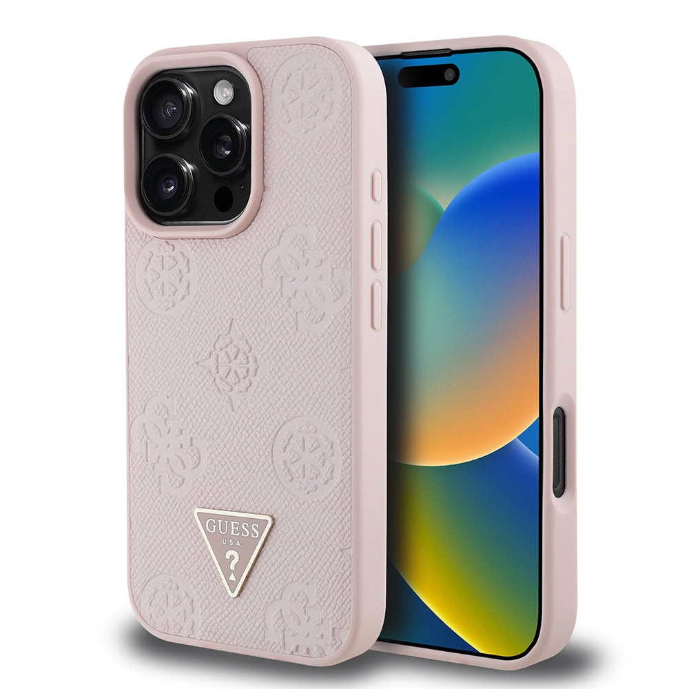 Guess iPhone 16 Pro Max Orjinal Lisanslı M-safe Şarj Özellikli Sıcak Baskılı Üçgen Logolu PU Deri Peony Kılıf