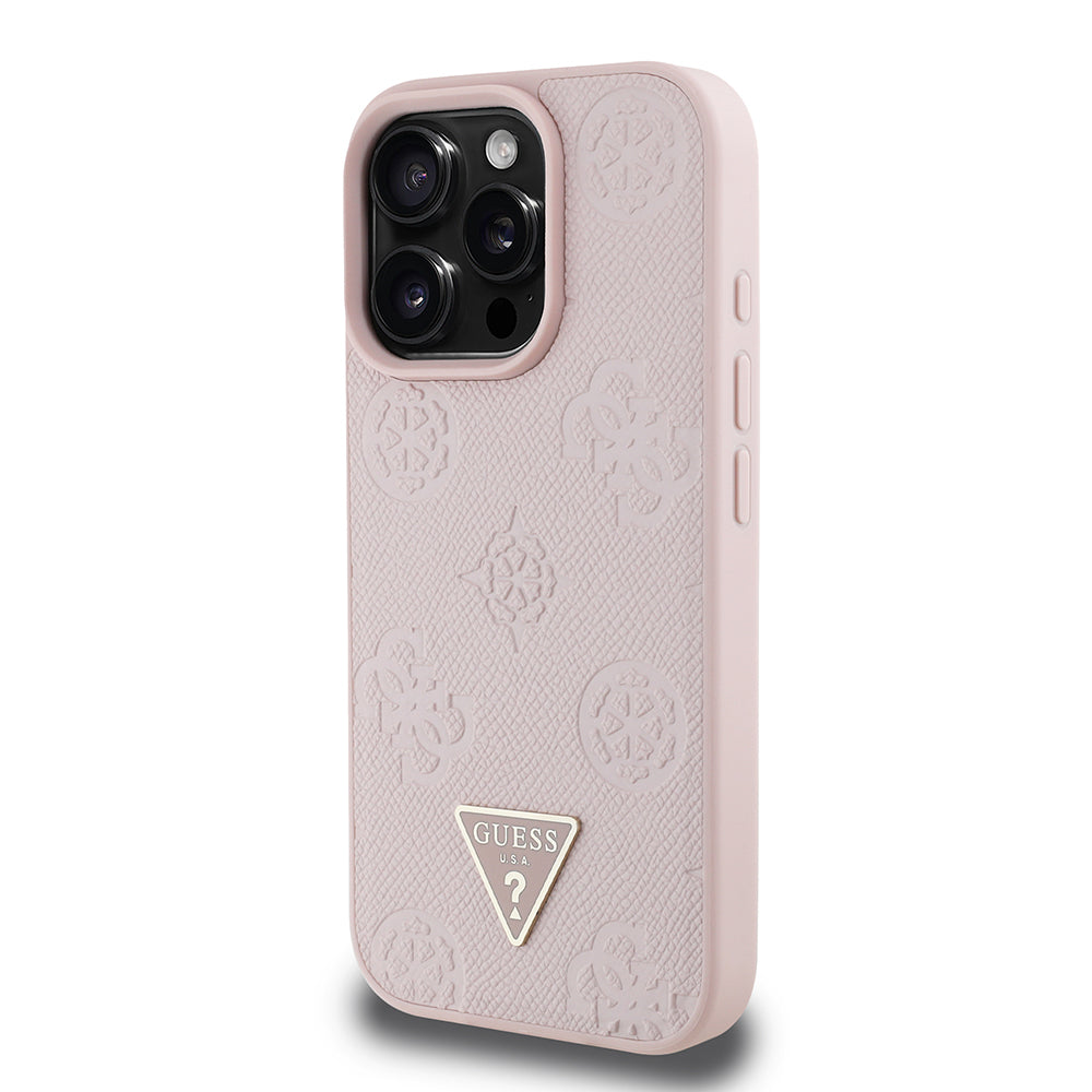 Guess iPhone 16 Pro Max Orjinal Lisanslı M-safe Şarj Özellikli Sıcak Baskılı Üçgen Logolu PU Deri Peony Kılıf