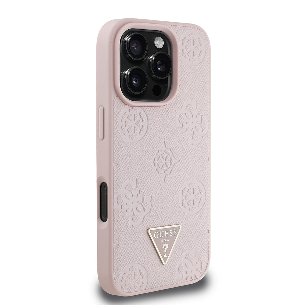 Guess iPhone 16 Pro Max Orjinal Lisanslı M-safe Şarj Özellikli Sıcak Baskılı Üçgen Logolu PU Deri Peony Kılıf