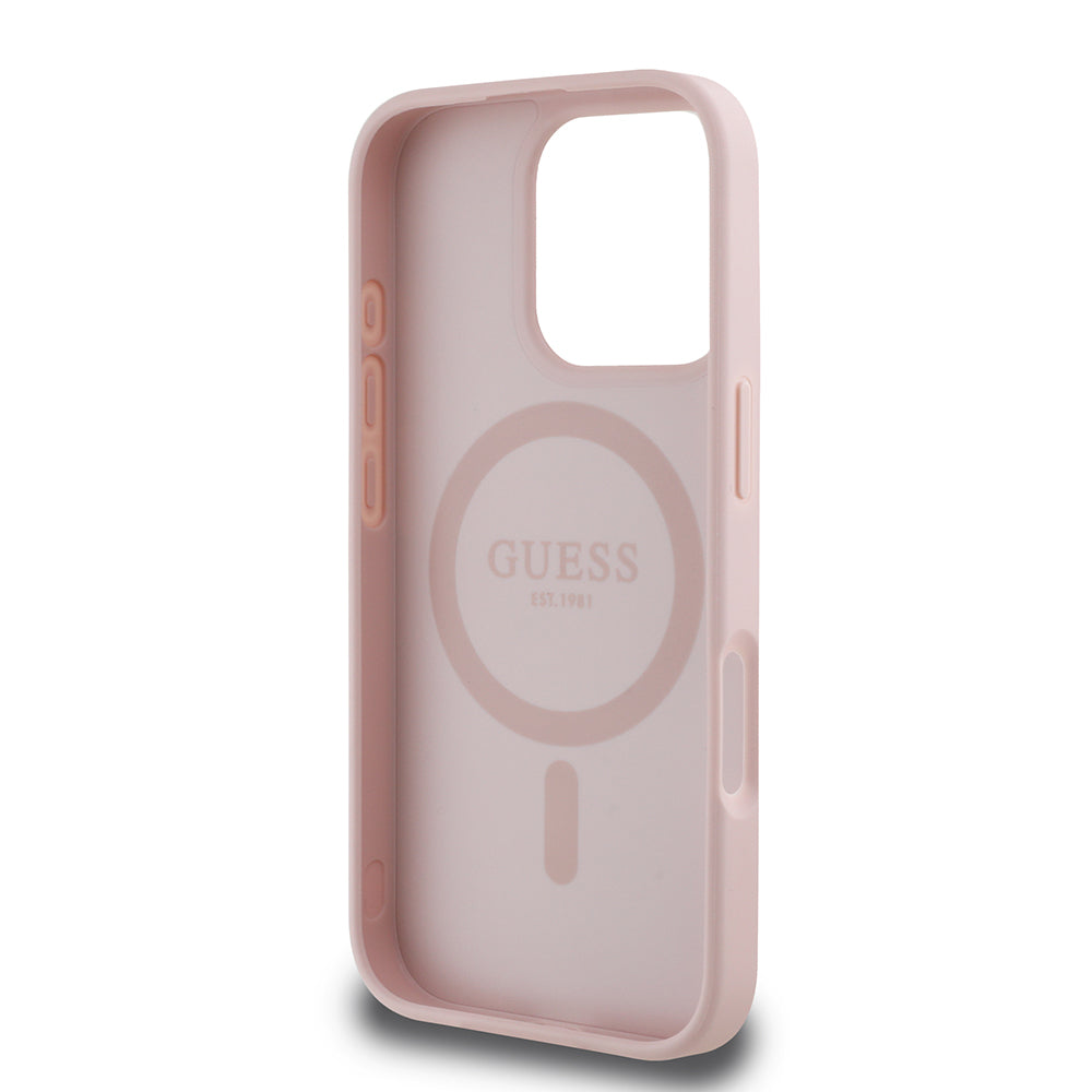 Guess iPhone 16 Pro Max Orjinal Lisanslı M-safe Şarj Özellikli Sıcak Baskılı Üçgen Logolu PU Deri Peony Kılıf