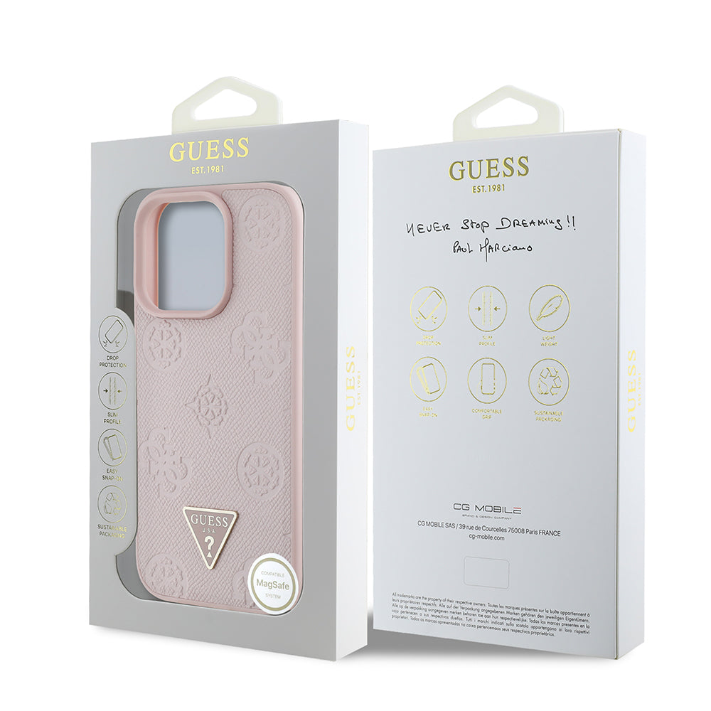 Guess iPhone 16 Pro Max Orjinal Lisanslı M-safe Şarj Özellikli Sıcak Baskılı Üçgen Logolu PU Deri Peony Kılıf