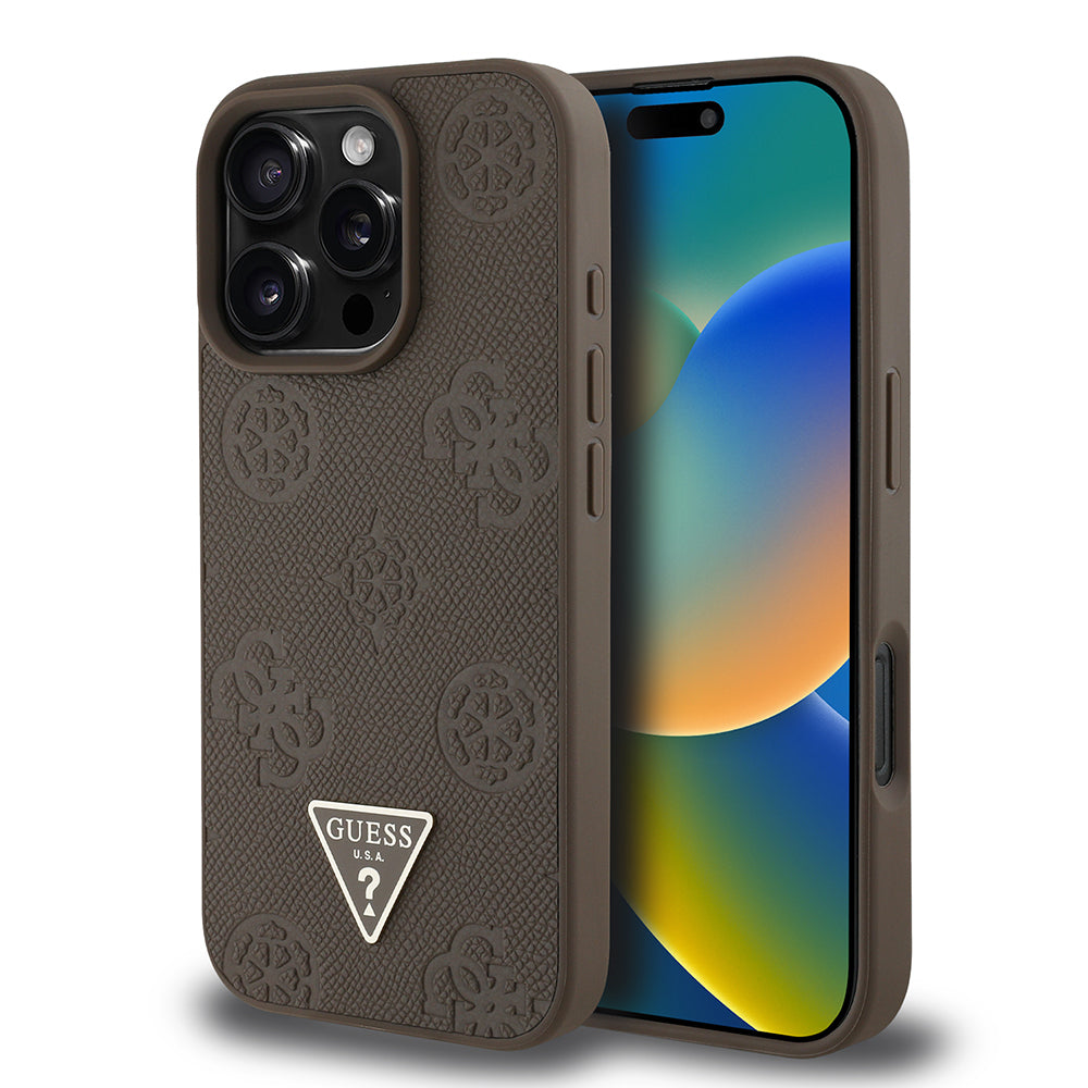 Guess iPhone 16 Pro Max Orjinal Lisanslı M-safe Şarj Özellikli Sıcak Baskılı Üçgen Logolu PU Deri Peony Kılıf