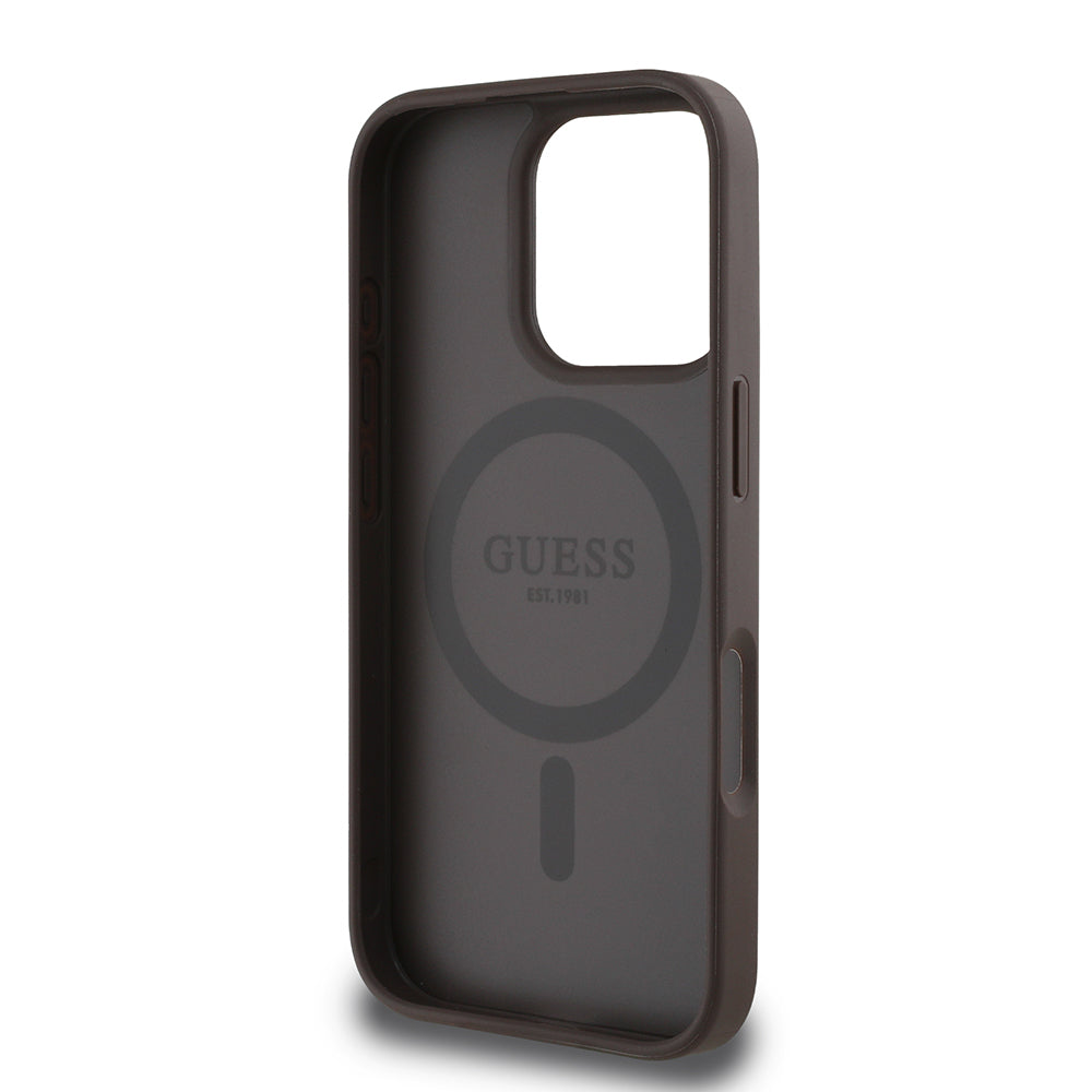 Guess iPhone 16 Pro Max Orjinal Lisanslı M-safe Şarj Özellikli Sıcak Baskılı Üçgen Logolu PU Deri Peony Kılıf