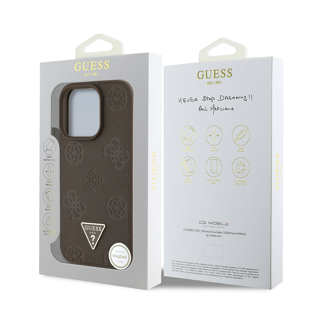 Guess iPhone 16 Pro Max Orjinal Lisanslı M-safe Şarj Özellikli Sıcak Baskılı Üçgen Logolu PU Deri Peony Kılıf
