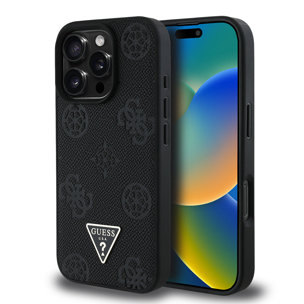 Guess iPhone 16 Pro Max Orjinal Lisanslı M-safe Şarj Özellikli Sıcak Baskılı Üçgen Logolu PU Deri Peony Kılıf