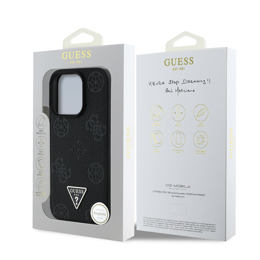 Guess iPhone 16 Pro Max Orjinal Lisanslı M-safe Şarj Özellikli Sıcak Baskılı Üçgen Logolu PU Deri Peony Kılıf