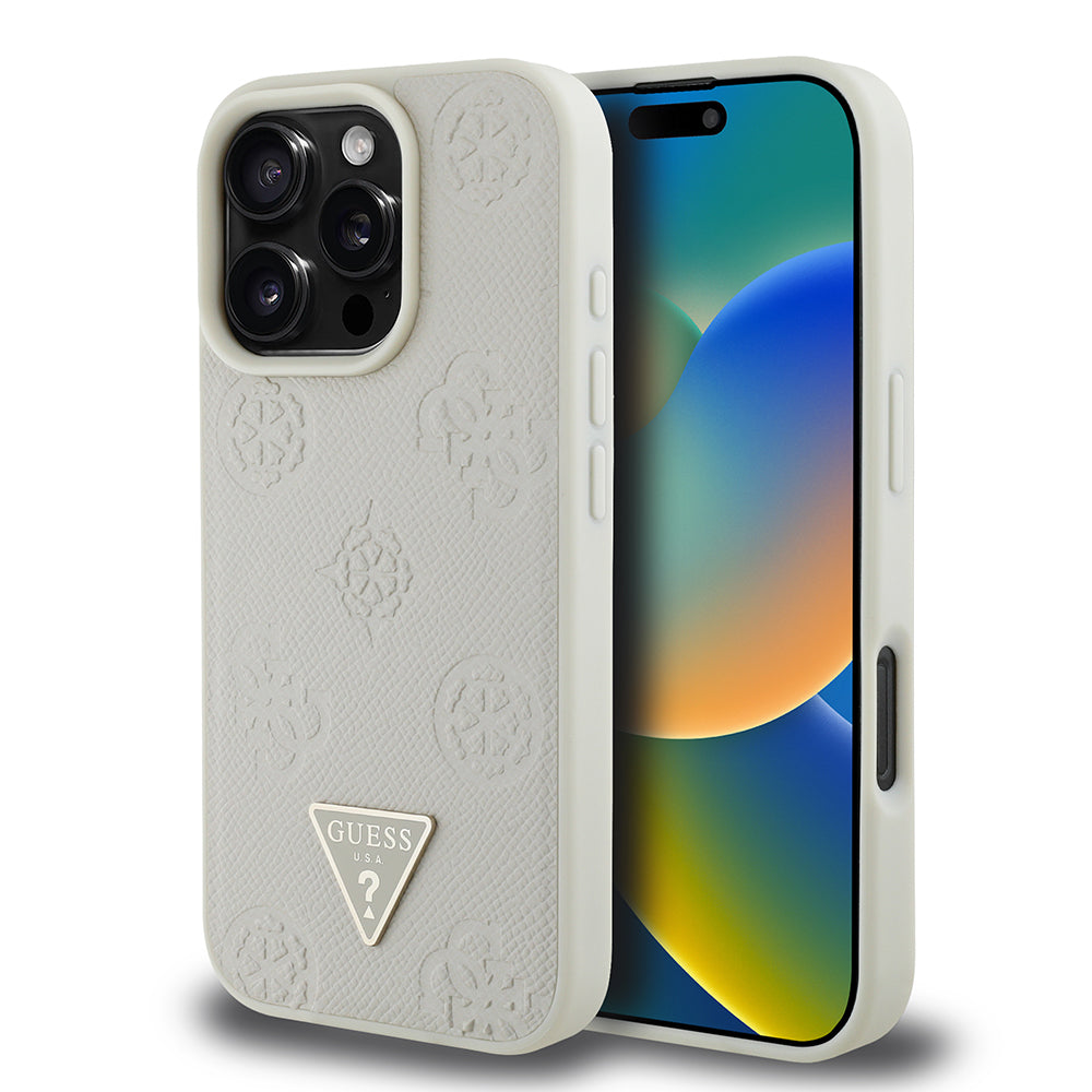 Guess iPhone 16 Pro Max Orjinal Lisanslı M-safe Şarj Özellikli Sıcak Baskılı Üçgen Logolu PU Deri Peony Kılıf