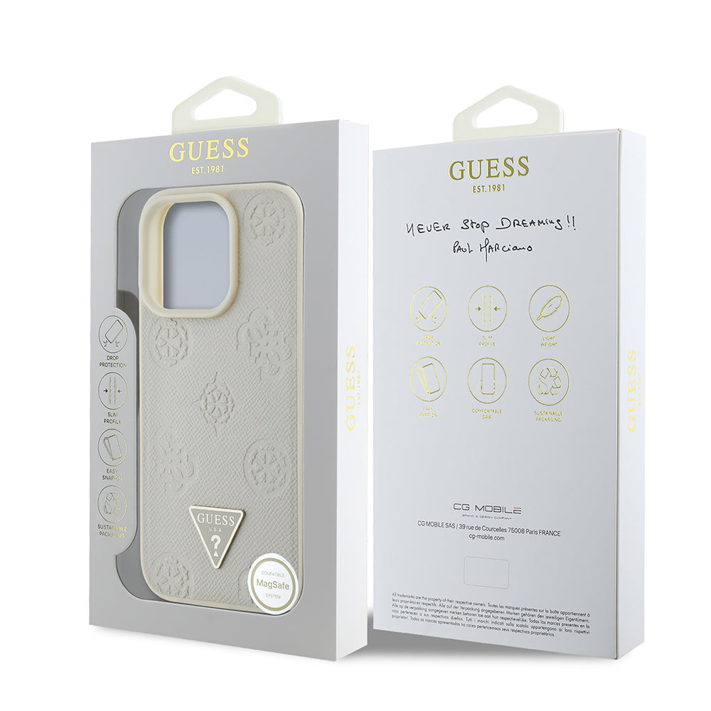 Guess iPhone 16 Pro Max Orjinal Lisanslı M-safe Şarj Özellikli Sıcak Baskılı Üçgen Logolu PU Deri Peony Kılıf