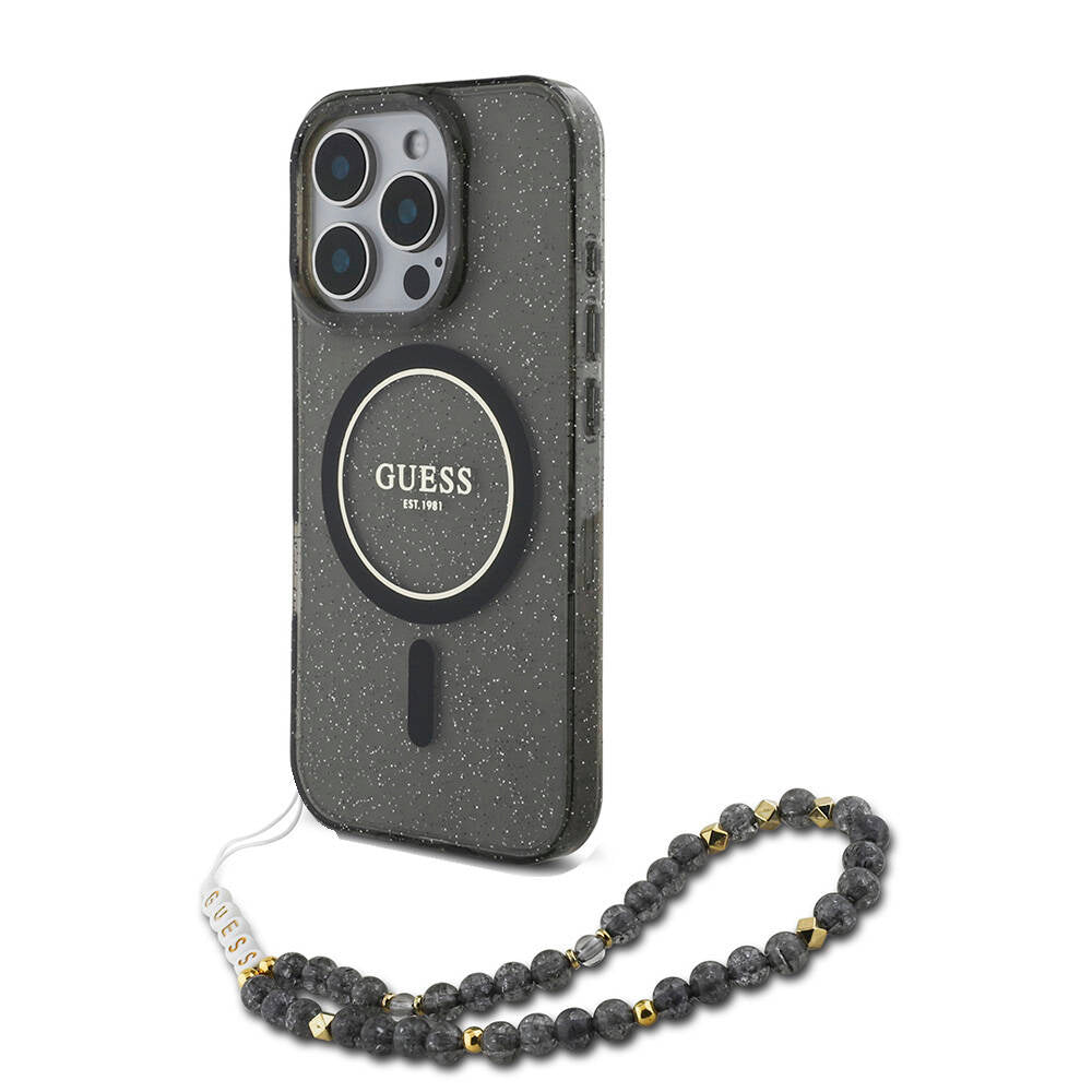 Guess iPhone 16 Pro Max Orjinal Lisanslı Magsafe Şarj Özellikli Simli Silikon İnci Bileklikli Telefon Kılıfı - 1