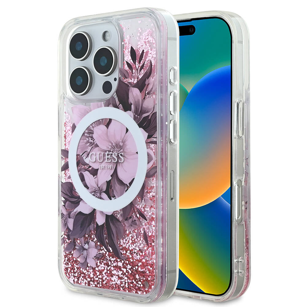 Guess iPhone 16 Pro Max Orjinal Lisanslı Magsafe Şarj Özellikli Sıvılı Simli Çiçek Desenli Telefon Kılıfı - 1