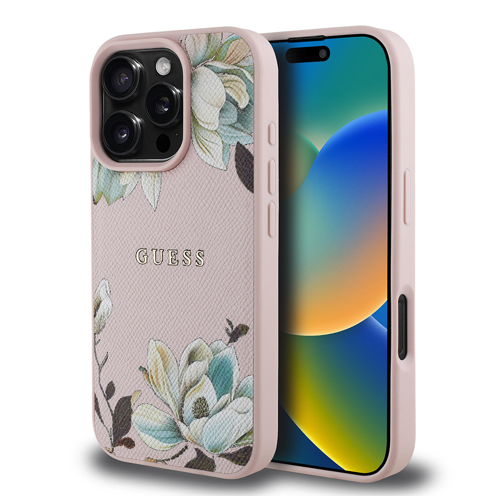 Guess iPhone 16 Pro Max Orjinal Lisanslı Magsafe Şarj Özellikli Taneli Çiçek Tasarımlı Metal Yazı Logolu Kılıf