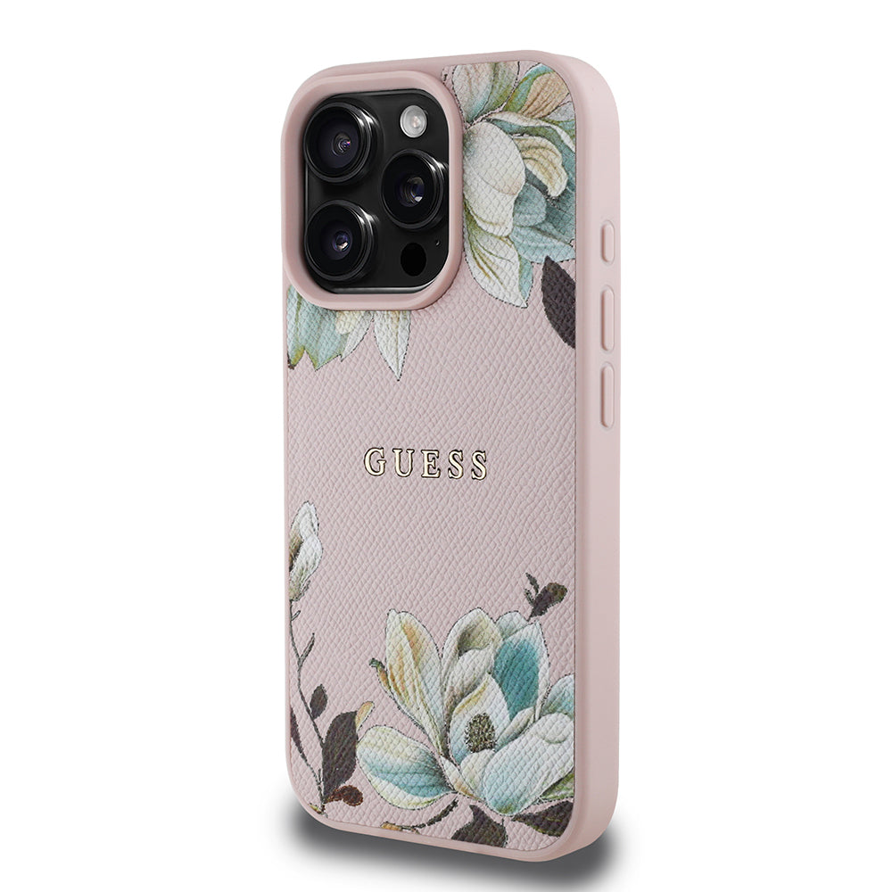 Guess iPhone 16 Pro Max Orjinal Lisanslı Magsafe Şarj Özellikli Taneli Çiçek Tasarımlı Metal Yazı Logolu Kılıf