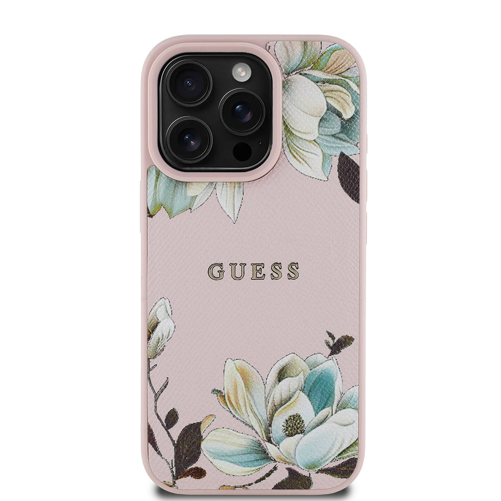 Guess iPhone 16 Pro Max Orjinal Lisanslı Magsafe Şarj Özellikli Taneli Çiçek Tasarımlı Metal Yazı Logolu Kılıf