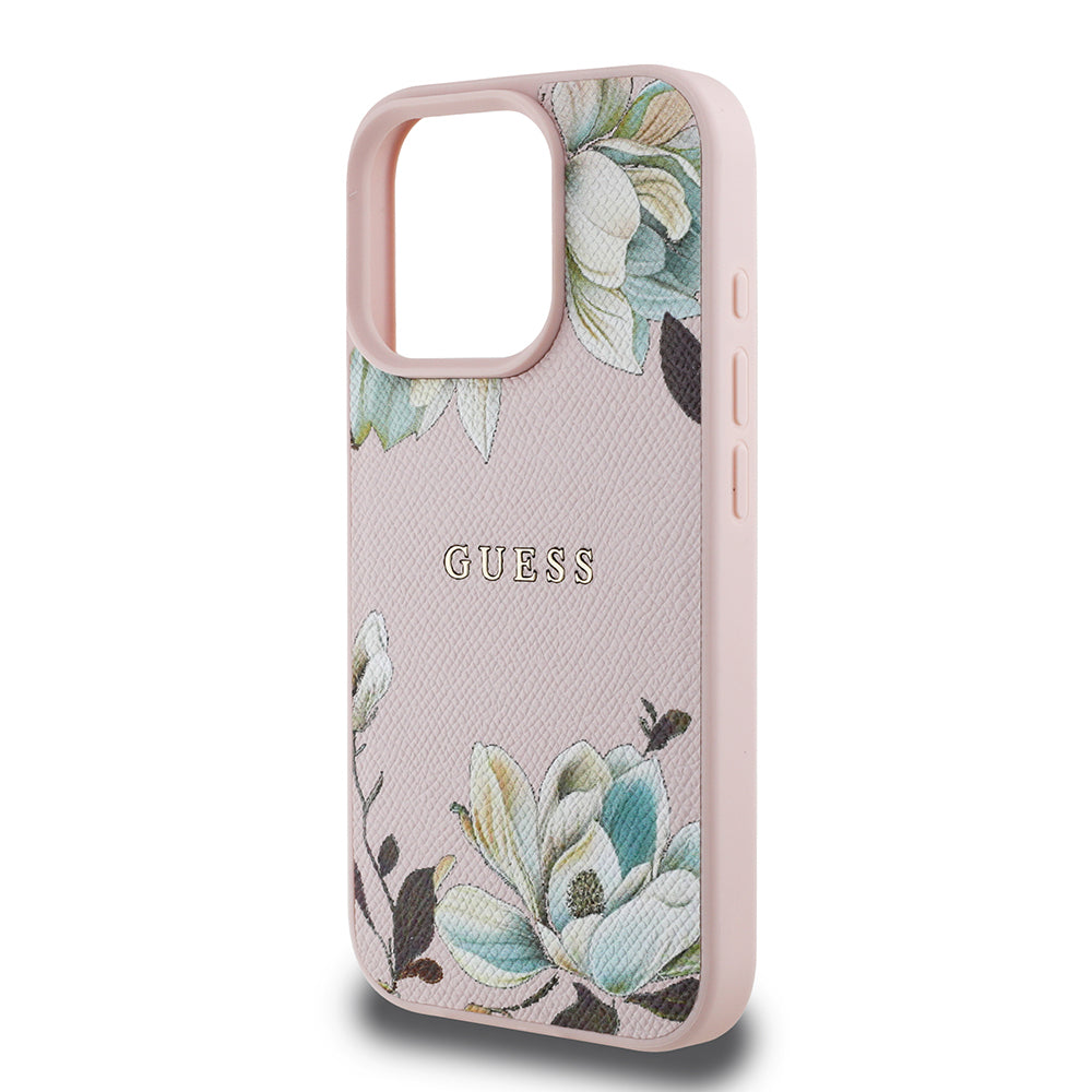 Guess iPhone 16 Pro Max Orjinal Lisanslı Magsafe Şarj Özellikli Taneli Çiçek Tasarımlı Metal Yazı Logolu Kılıf