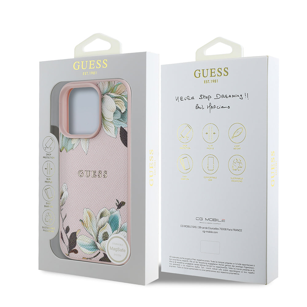 Guess iPhone 16 Pro Max Orjinal Lisanslı Magsafe Şarj Özellikli Taneli Çiçek Tasarımlı Metal Yazı Logolu Kılıf