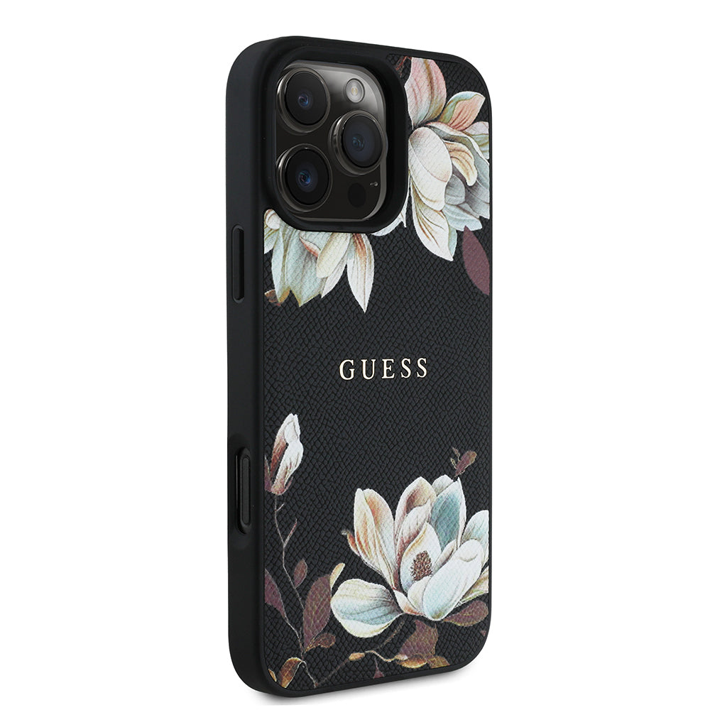 Guess iPhone 16 Pro Max Orjinal Lisanslı Magsafe Şarj Özellikli Taneli Çiçek Tasarımlı Metal Yazı Logolu Kılıf