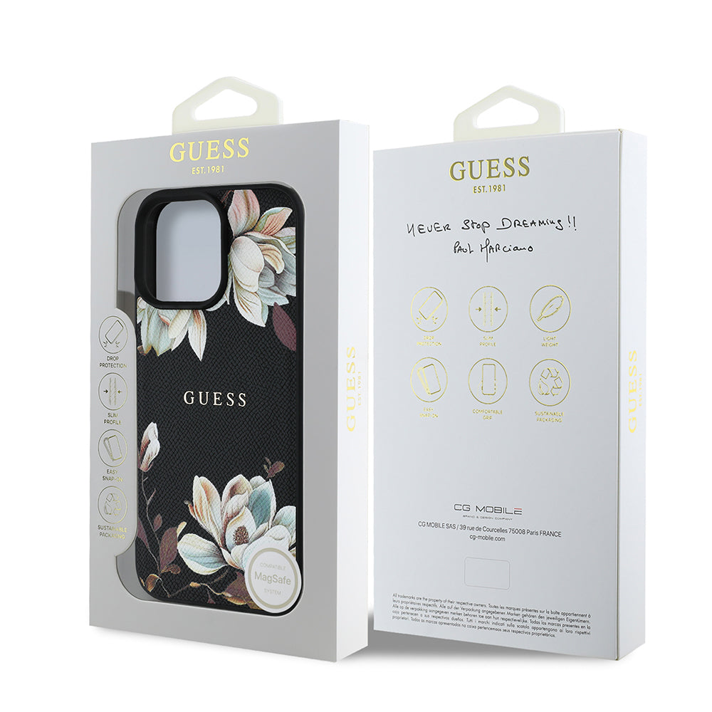 Guess iPhone 16 Pro Max Orjinal Lisanslı Magsafe Şarj Özellikli Taneli Çiçek Tasarımlı Metal Yazı Logolu Kılıf