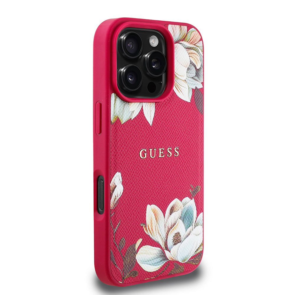 Guess iPhone 16 Pro Max Orjinal Lisanslı Magsafe Şarj Özellikli Taneli Çiçek Tasarımlı Metal Yazı Logolu Kılıf