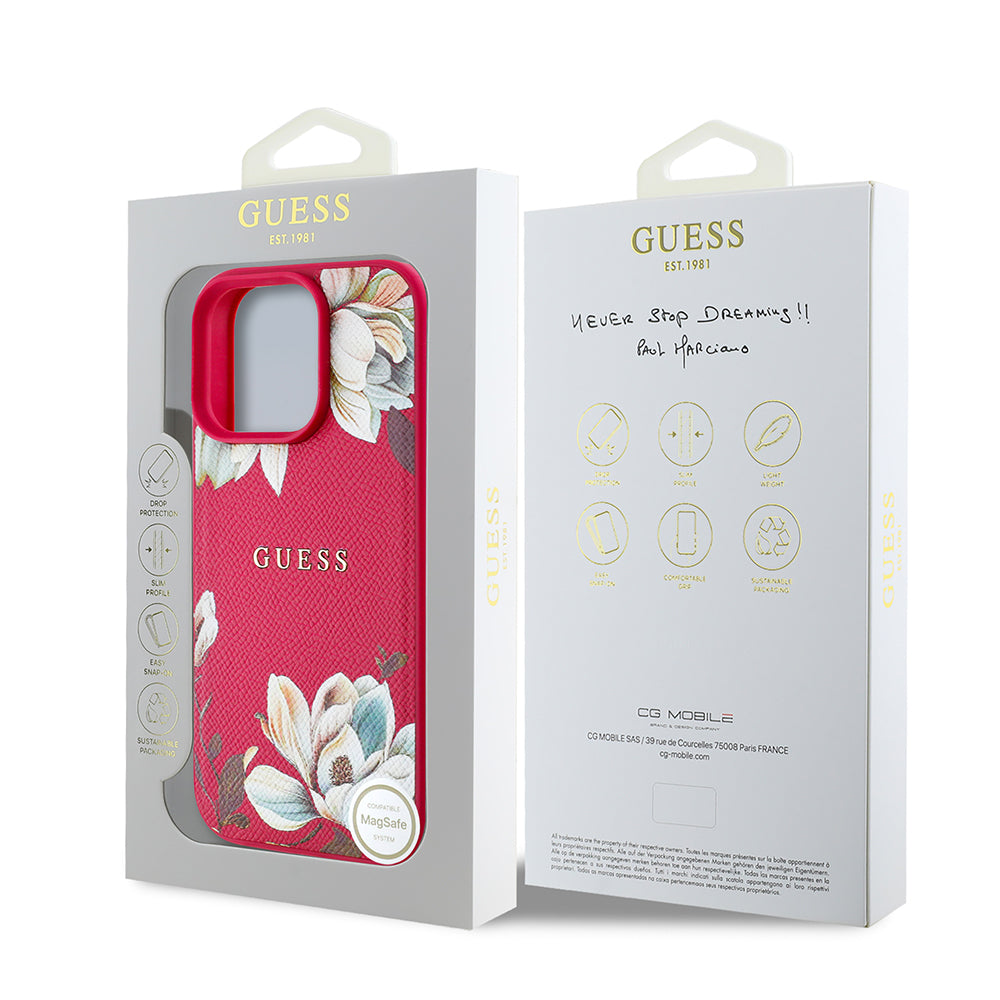 Guess iPhone 16 Pro Max Orjinal Lisanslı Magsafe Şarj Özellikli Taneli Çiçek Tasarımlı Metal Yazı Logolu Kılıf
