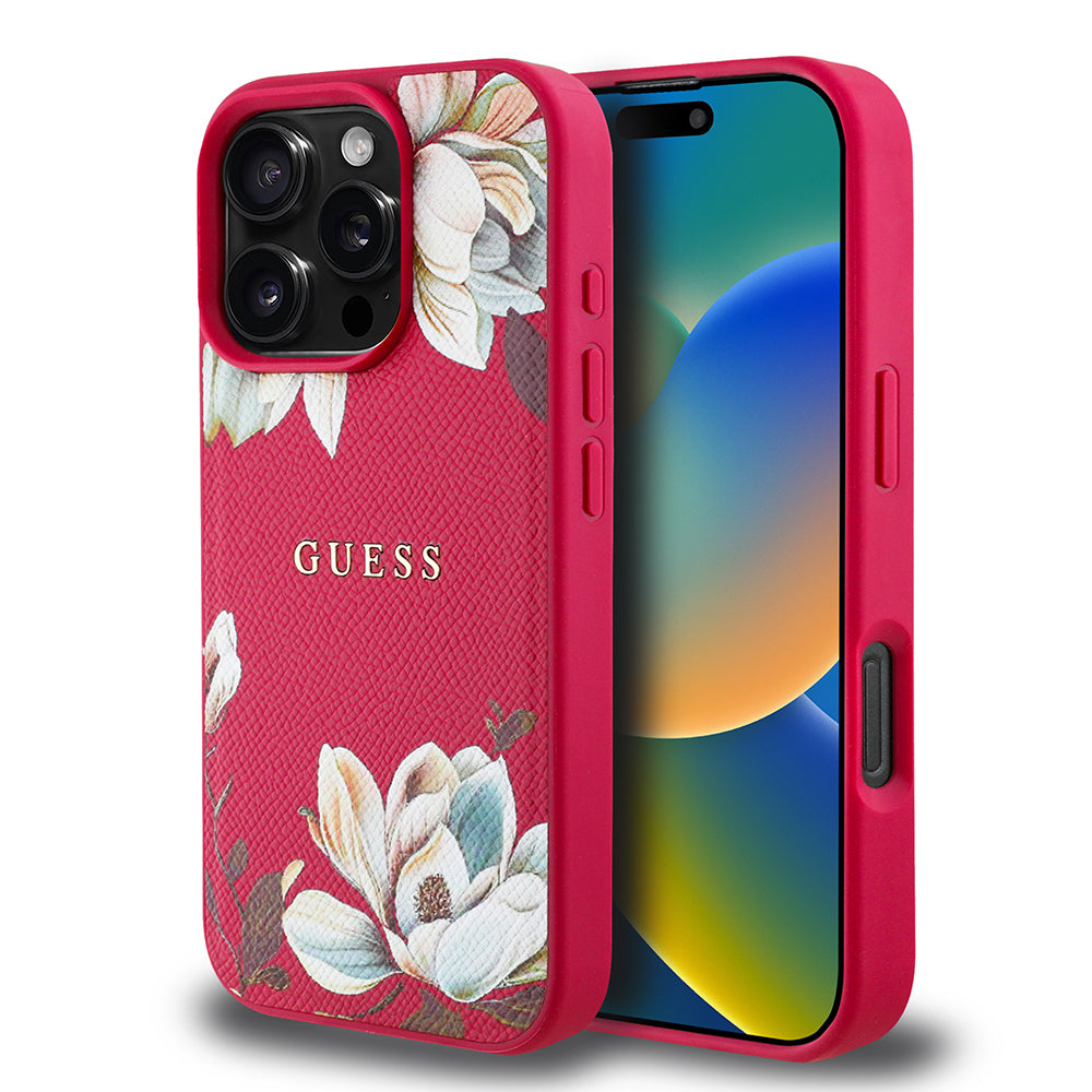 Guess iPhone 16 Pro Max Orjinal Lisanslı Magsafe Şarj Özellikli Taneli Çiçek Tasarımlı Metal Yazı Logolu Kılıf