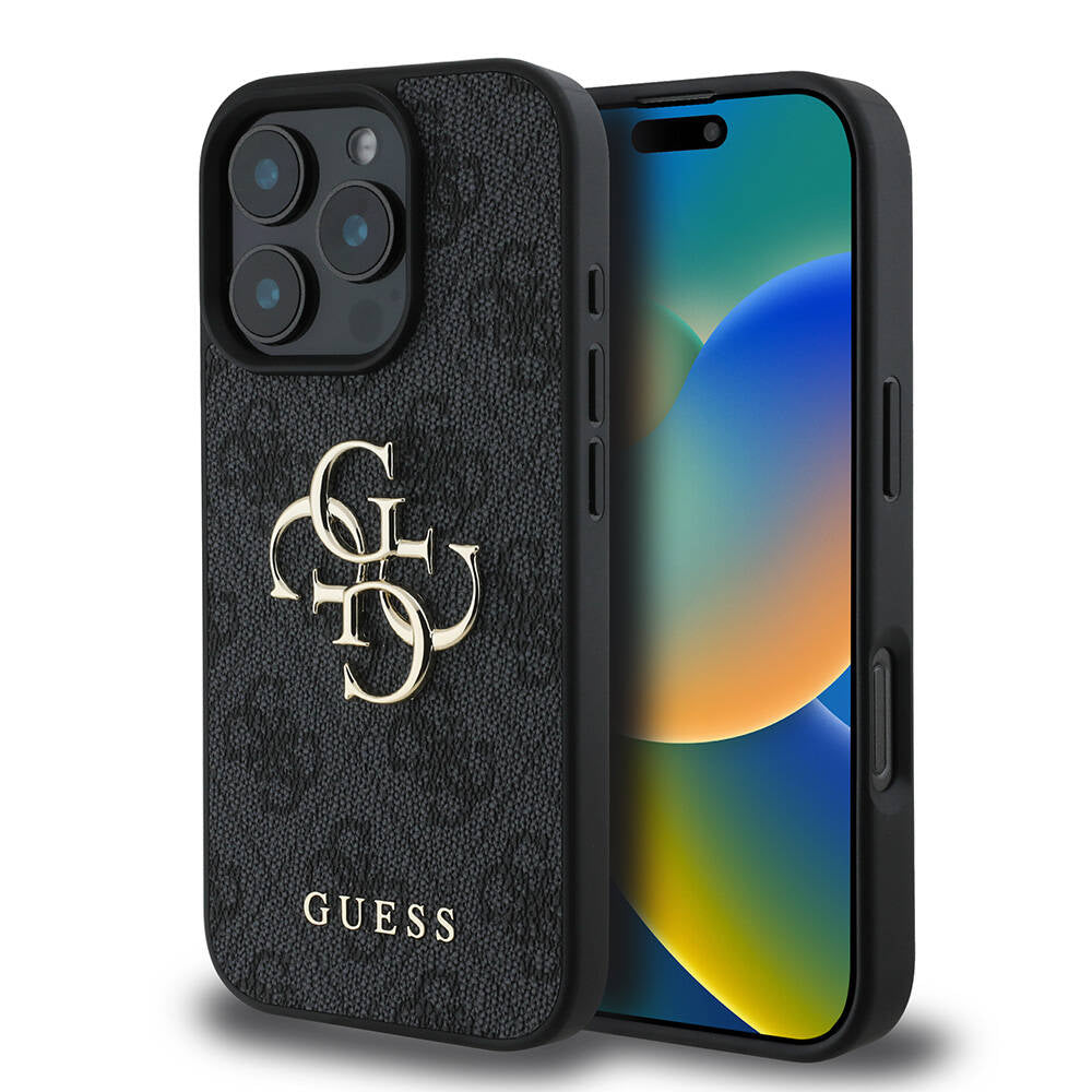 Guess iPhone 16 Pro Max Orjinal Lisanslı PU Deri 4G Desenli Metal Büyük 4G ve Yazı Logolu Telefon Kılıfı - 1