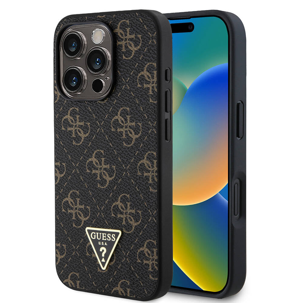Guess iPhone 16 Pro Max Orjinal Lisanslı PU Deri 4G Desenli Üçgen Logolu Telefon Kılıfı - 1