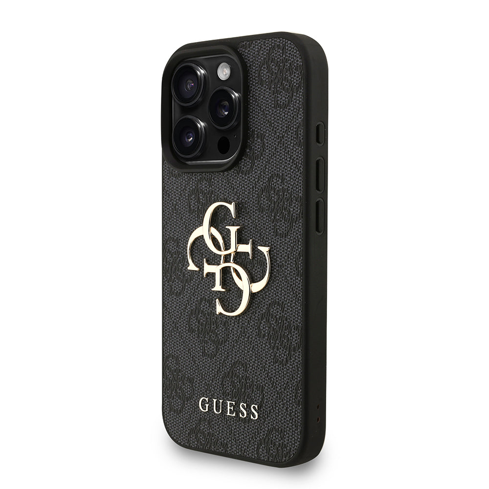 Guess iPhone 16 Pro Max Orjinal Lisanslı PU Deri Bilek Askı İpli Metal Büyük 4G ve Yazı Logolu Kılıf