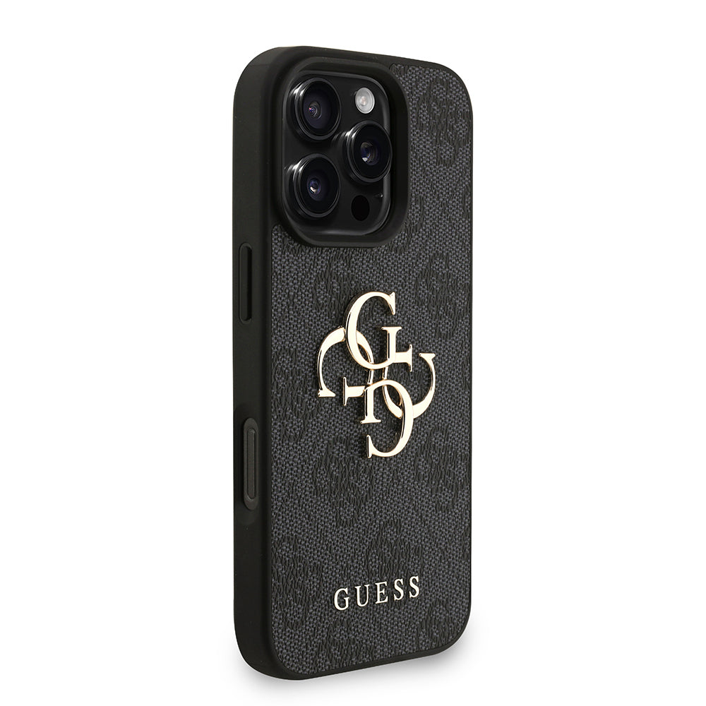 Guess iPhone 16 Pro Max Orjinal Lisanslı PU Deri Bilek Askı İpli Metal Büyük 4G ve Yazı Logolu Kılıf