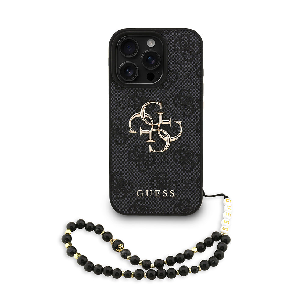 Guess iPhone 16 Pro Max Orjinal Lisanslı PU Deri Bilek Askı İpli Metal Büyük 4G ve Yazı Logolu Kılıf