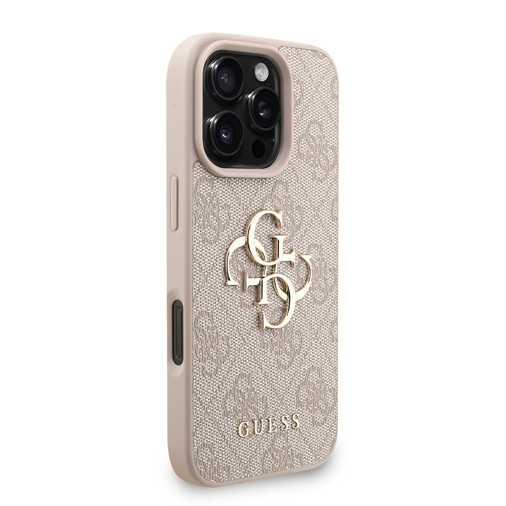 Guess iPhone 16 Pro Max Orjinal Lisanslı PU Deri Bilek Askı İpli Metal Büyük 4G ve Yazı Logolu Kılıf