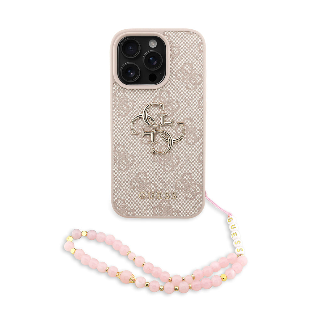 Guess iPhone 16 Pro Max Orjinal Lisanslı PU Deri Bilek Askı İpli Metal Büyük 4G ve Yazı Logolu Kılıf