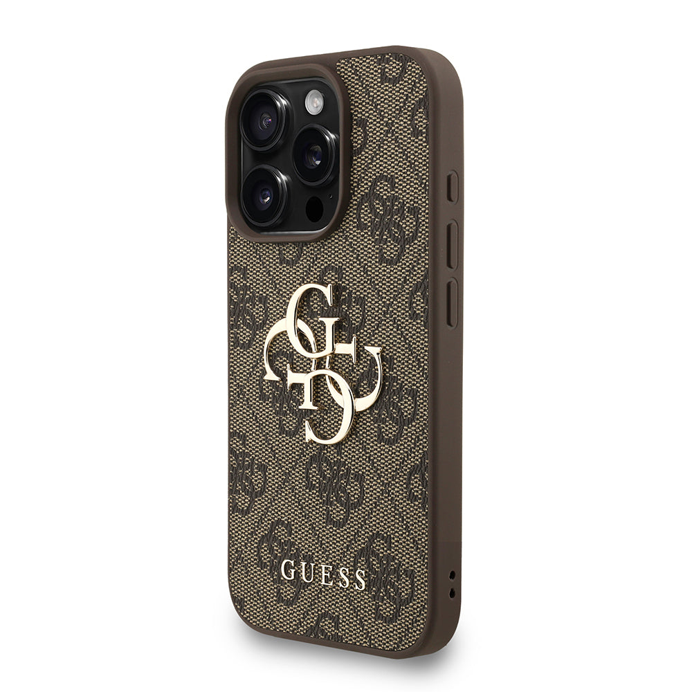 Guess iPhone 16 Pro Max Orjinal Lisanslı PU Deri Bilek Askı İpli Metal Büyük 4G ve Yazı Logolu Kılıf