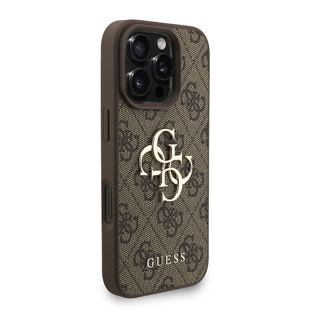 Guess iPhone 16 Pro Max Orjinal Lisanslı PU Deri Bilek Askı İpli Metal Büyük 4G ve Yazı Logolu Kılıf