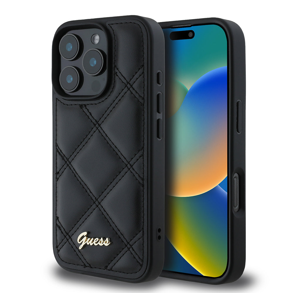 Guess iPhone 16 Pro Max Orjinal Lisanslı PU Deri Metal Yazı Logolu Kapitone Kılıf