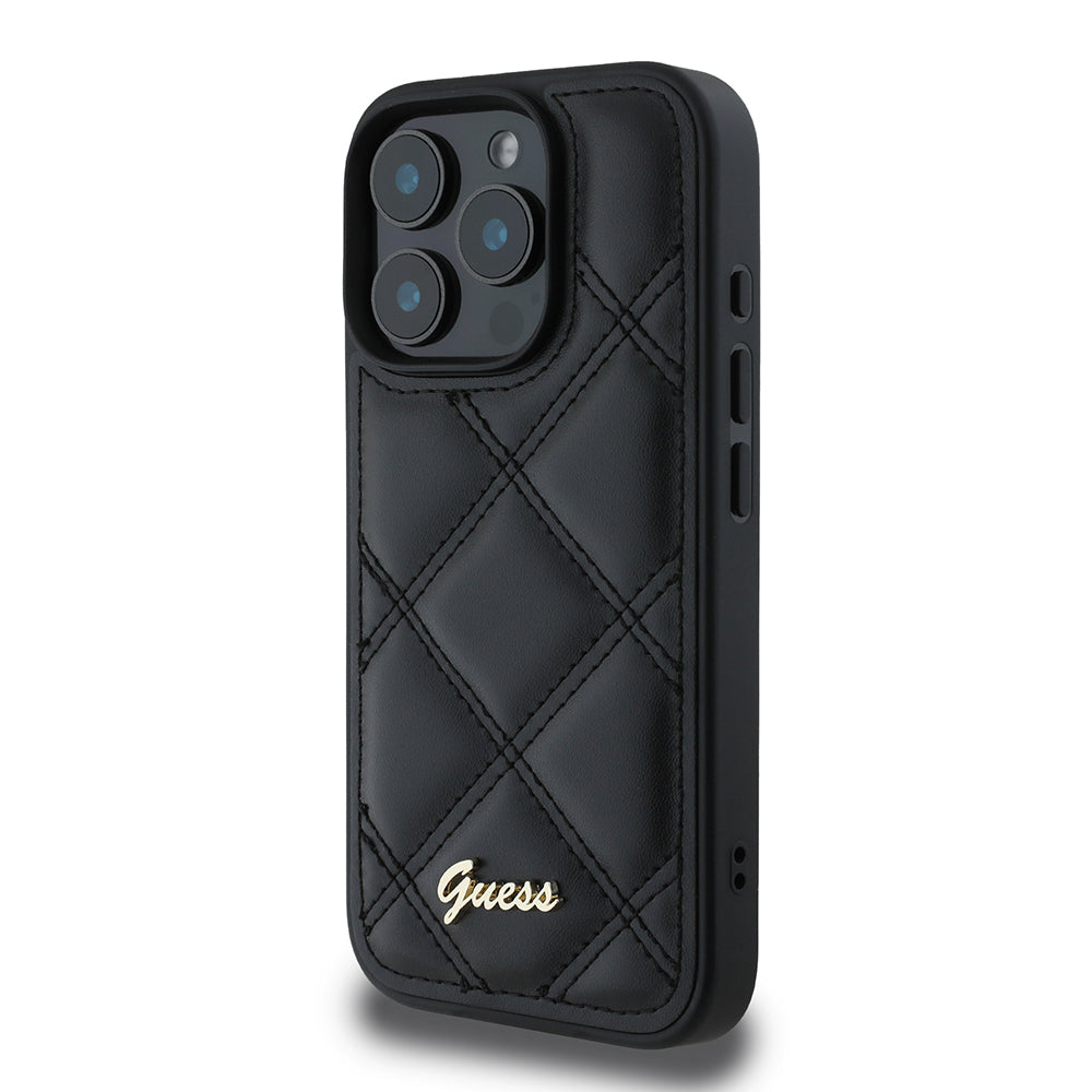 Guess iPhone 16 Pro Max Orjinal Lisanslı PU Deri Metal Yazı Logolu Kapitone Kılıf